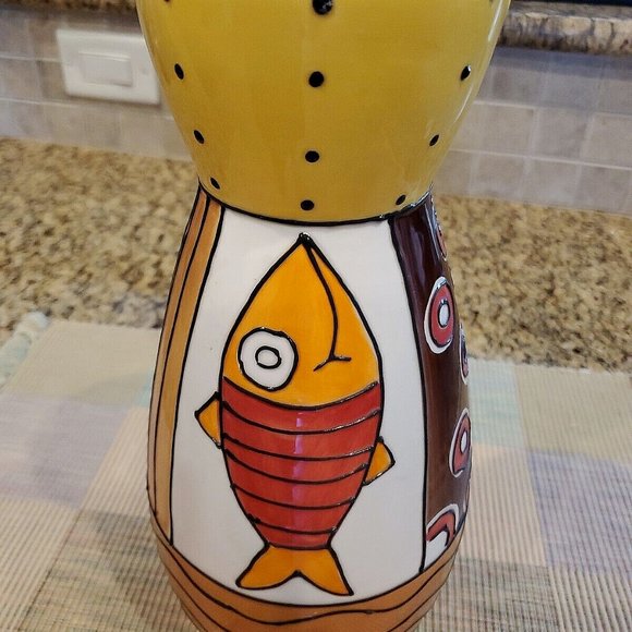 Whimsical Studio Nova Ceramic Vase Pattern Fish Catch Orange Yellow Red 11" High - Picture 4 of 6